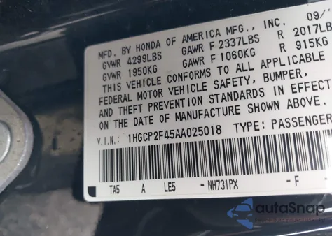 2010 Honda Accord 2.4 Lx-P из США, поврежденный, VIN 1HGCP2F45AA025018